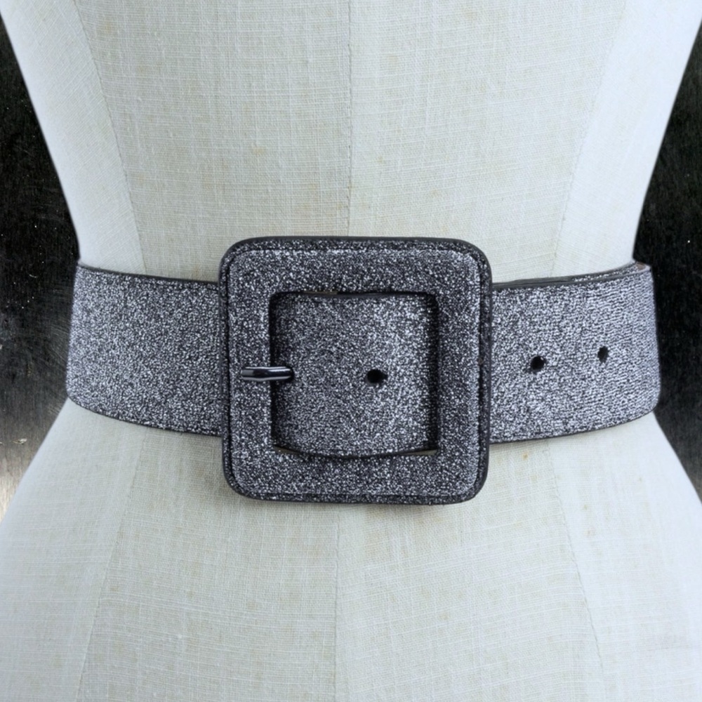 $78 Kate Spade metallic shimmer gunmetal silver black wide belt 3” square buckle